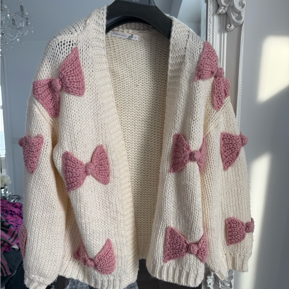 Altar'd State Cream Cardigan with Pink Bow Details